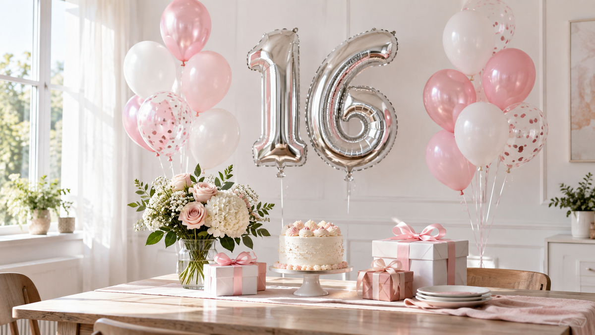 16歳の誕生日を祝う白とピンクのSweet16パーティー装飾
